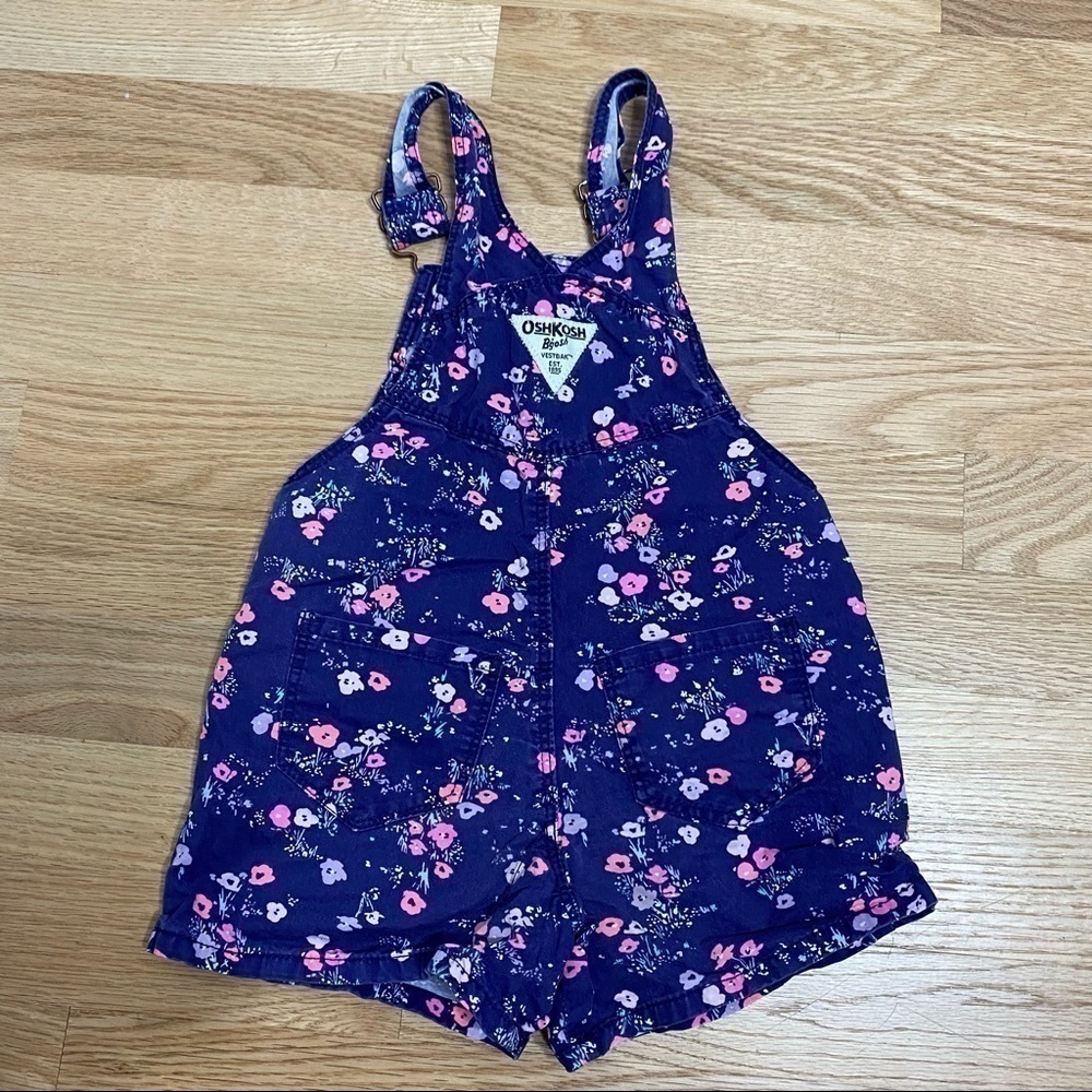 Oshkosh B’gosh Floral Shortalls Shorts Bib Overalls Purple Pink 3T Toddler Girls - Picture 3 of 4